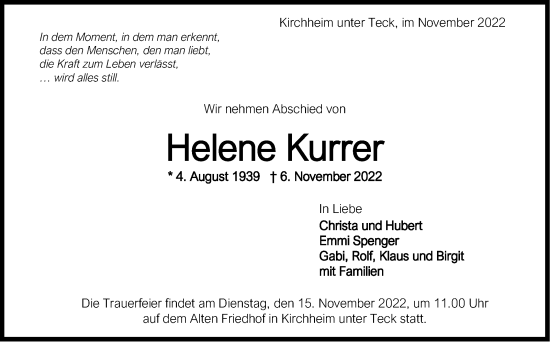 Traueranzeige von Helene Kurrer von Eßlinger Zeitung/Cannstatter Zeitung