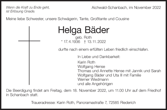 Traueranzeige von Helga Bäder von Eßlinger Zeitung/Cannstatter Zeitung