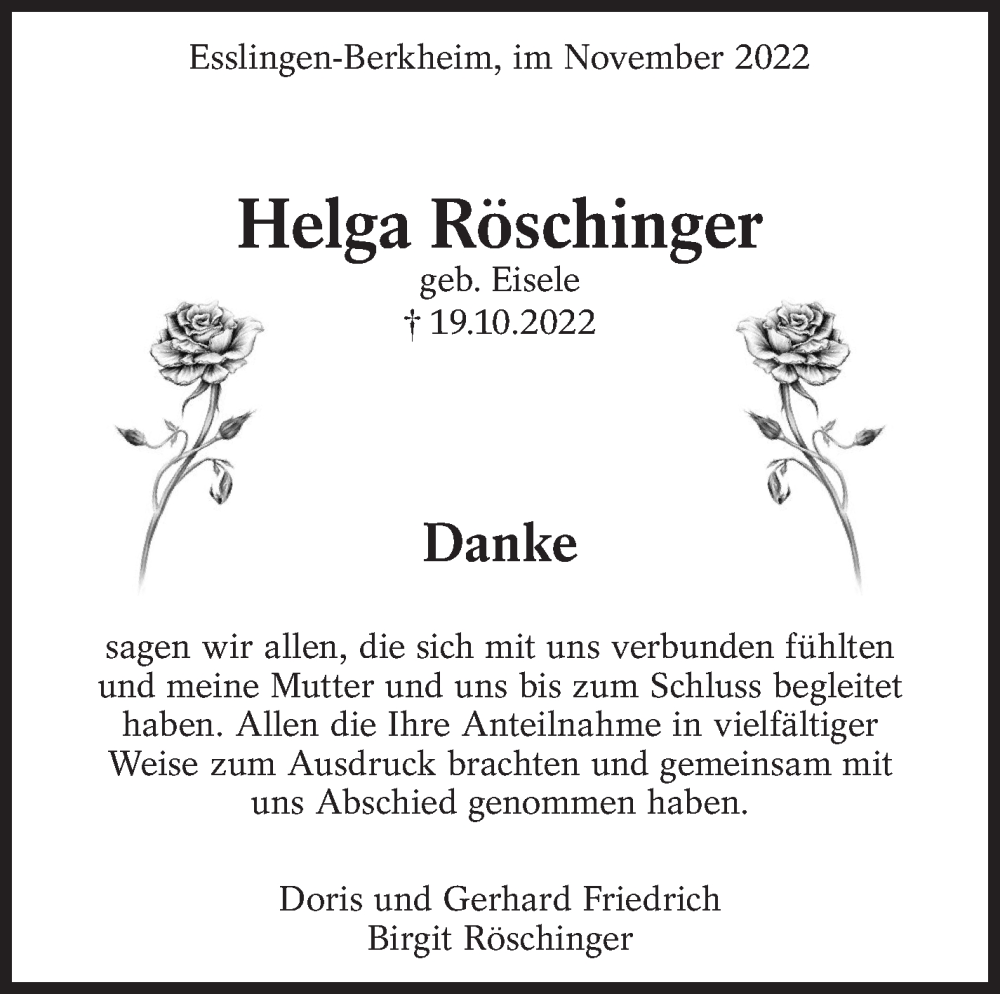  Traueranzeige für Helga Röschinger vom 18.11.2022 aus Eßlinger Zeitung/Cannstatter Zeitung
