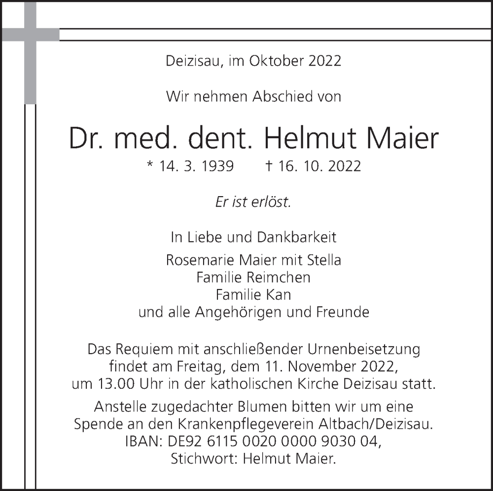  Traueranzeige für Helmut Maier vom 05.11.2022 aus Eßlinger Zeitung/Cannstatter Zeitung