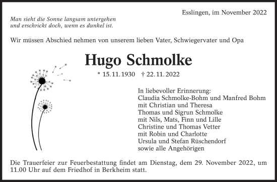 Traueranzeige von Hugo Schmolke von Eßlinger Zeitung/Cannstatter Zeitung