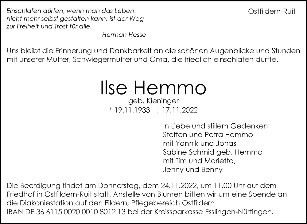  Traueranzeige für Ilse Hemmo vom 23.11.2022 aus Eßlinger Zeitung/Cannstatter Zeitung