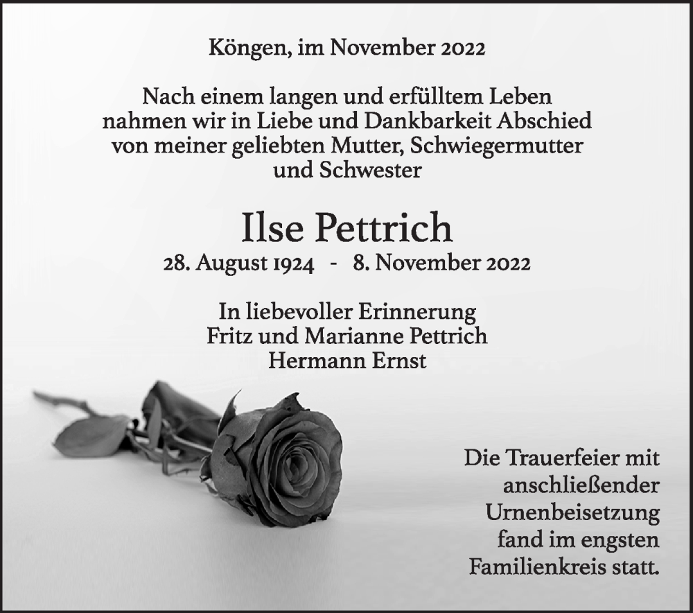 Traueranzeige für Ilse Pettrich vom 25.11.2022 aus Eßlinger Zeitung/Cannstatter Zeitung
