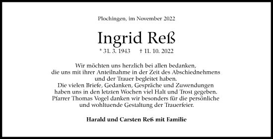 Traueranzeige von Ingrid Reß von Eßlinger Zeitung/Cannstatter Zeitung