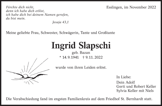 Traueranzeige von Ingrid Slapschi von Eßlinger Zeitung/Cannstatter Zeitung