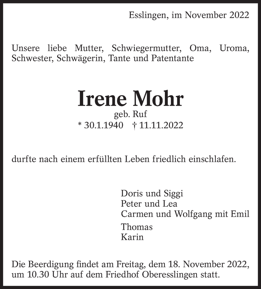  Traueranzeige für Irene Mohr vom 15.11.2022 aus Eßlinger Zeitung/Cannstatter Zeitung