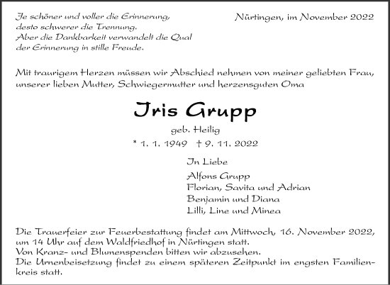 Traueranzeige von Iris Grupp von Eßlinger Zeitung/Cannstatter Zeitung