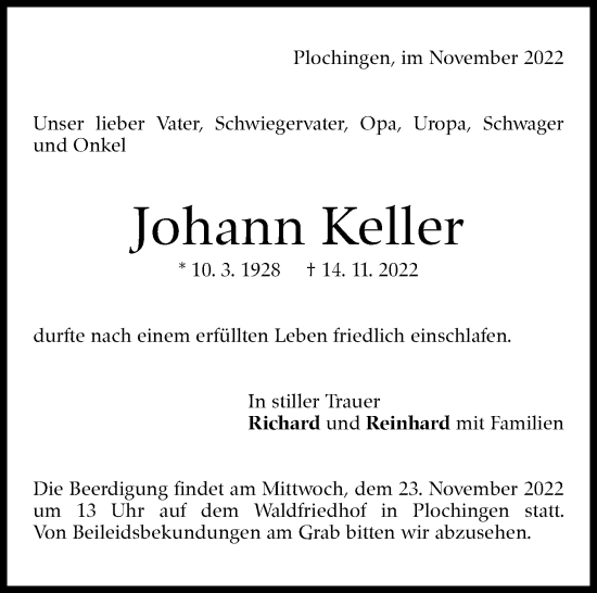 Traueranzeige von Johann Keller von Eßlinger Zeitung/Cannstatter Zeitung
