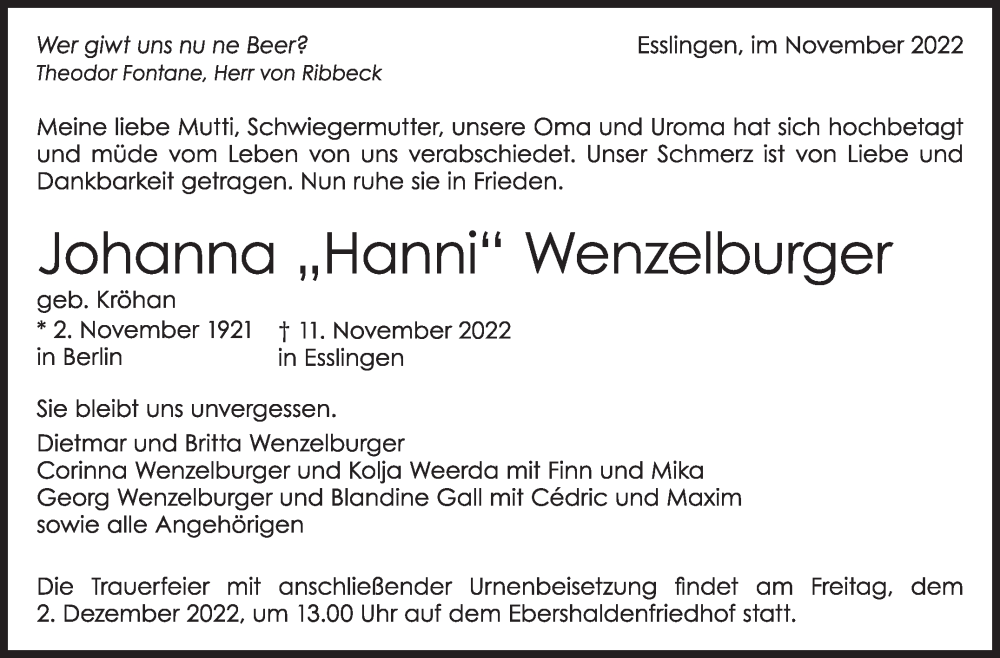  Traueranzeige für Johanna Wenzelburger vom 16.11.2022 aus Eßlinger Zeitung/Cannstatter Zeitung