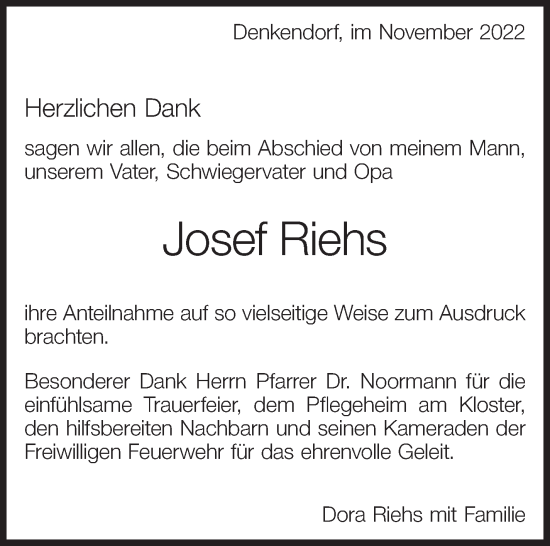 Traueranzeige von Josef Riehs von Eßlinger Zeitung/Cannstatter Zeitung