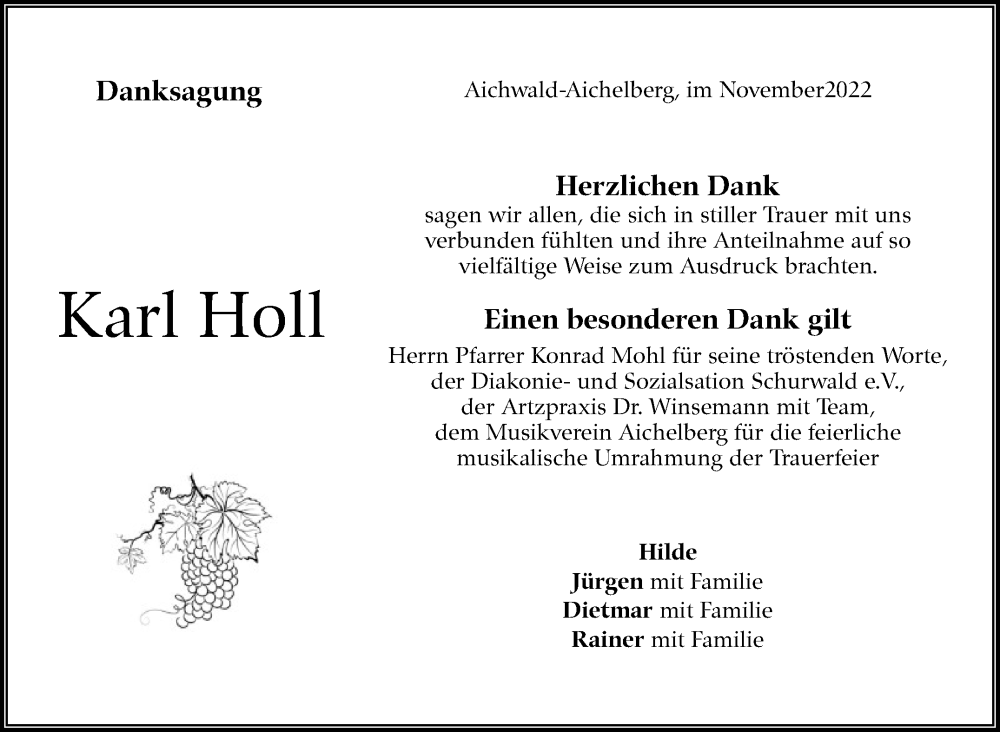  Traueranzeige für Karl Holl vom 16.11.2022 aus Eßlinger Zeitung/Cannstatter Zeitung