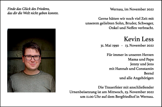 Traueranzeige von Kevin Less von Eßlinger Zeitung/Cannstatter Zeitung