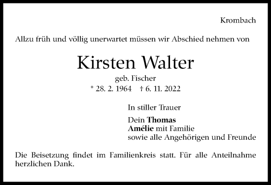 Traueranzeige von Kirsten Walter von Eßlinger Zeitung/Cannstatter Zeitung