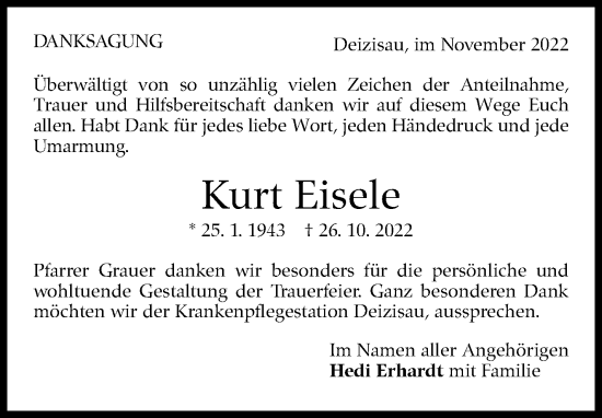 Traueranzeige von Kurt Eisele von Eßlinger Zeitung/Cannstatter Zeitung