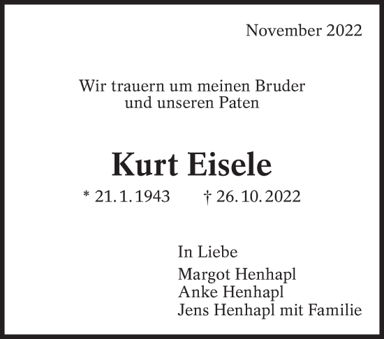 Traueranzeige von Kurt Eisele von Eßlinger Zeitung/Cannstatter Zeitung