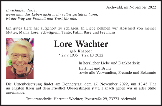 Traueranzeige von Lore Wachter von Eßlinger Zeitung/Cannstatter Zeitung