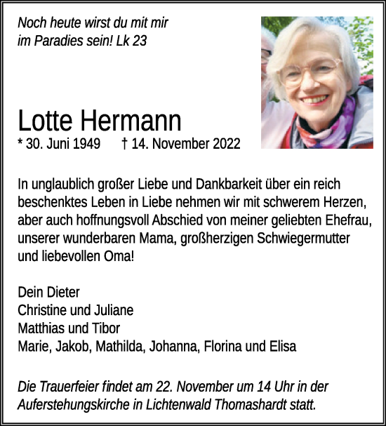 Traueranzeige von Lotte Hermann von Eßlinger Zeitung/Cannstatter Zeitung