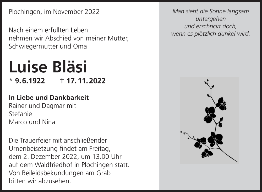  Traueranzeige für Luise Bläsi vom 26.11.2022 aus Eßlinger Zeitung/Cannstatter Zeitung