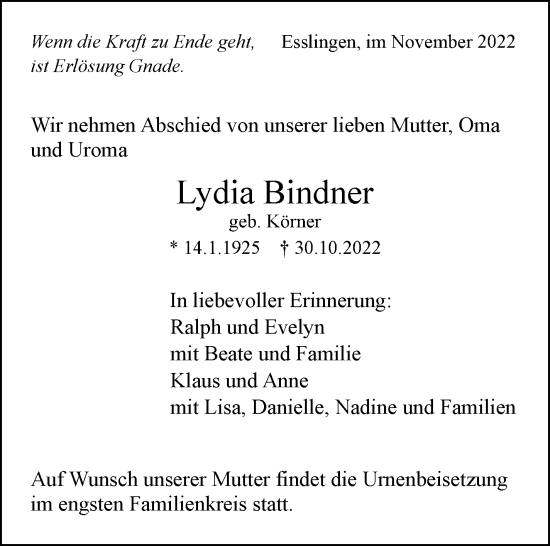Traueranzeige von Lydia Bindner von Eßlinger Zeitung/Cannstatter Zeitung