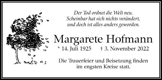 Traueranzeige von Margarete Hofmann von Eßlinger Zeitung/Cannstatter Zeitung
