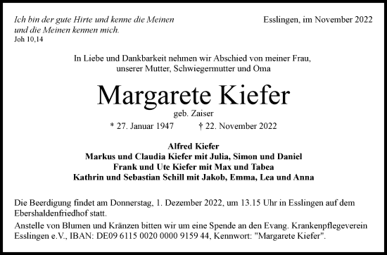 Traueranzeige von Margarete Kiefer von Eßlinger Zeitung/Cannstatter Zeitung