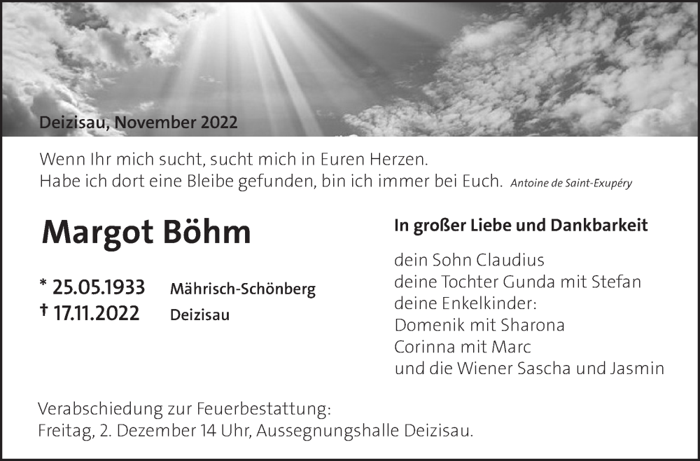  Traueranzeige für Margot Böhm vom 26.11.2022 aus Eßlinger Zeitung/Cannstatter Zeitung