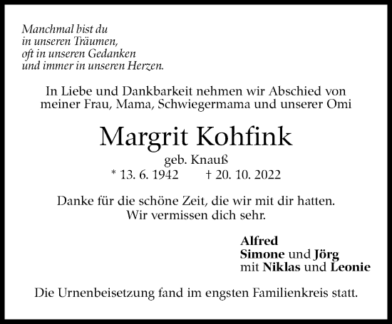 Traueranzeige von Margrit Kohfink von Eßlinger Zeitung/Cannstatter Zeitung
