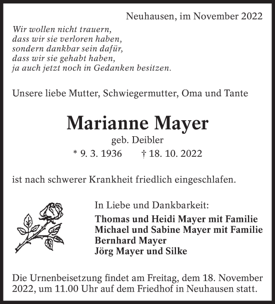 Traueranzeige von Marianne Mayer von Eßlinger Zeitung/Cannstatter Zeitung