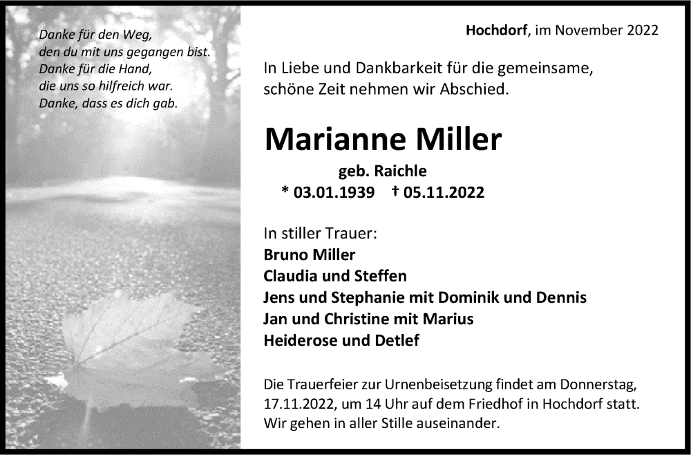  Traueranzeige für Marianne Miller vom 12.11.2022 aus Eßlinger Zeitung/Cannstatter Zeitung