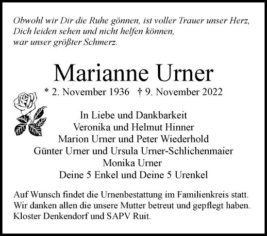 Traueranzeige von Marianne Urner von Eßlinger Zeitung/Cannstatter Zeitung