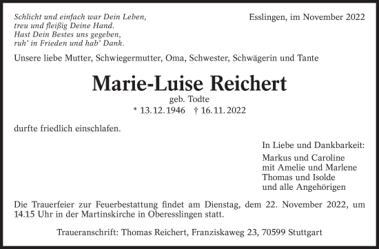 Traueranzeige von Marie-Luise Reichert von Eßlinger Zeitung/Cannstatter Zeitung