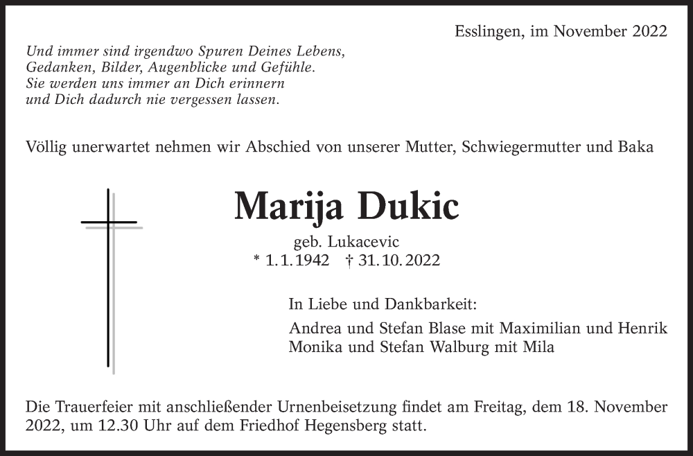  Traueranzeige für Marija Dukic vom 05.11.2022 aus Eßlinger Zeitung/Cannstatter Zeitung
