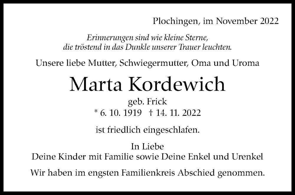  Traueranzeige für Marta Kordewich vom 26.11.2022 aus Eßlinger Zeitung/Cannstatter Zeitung