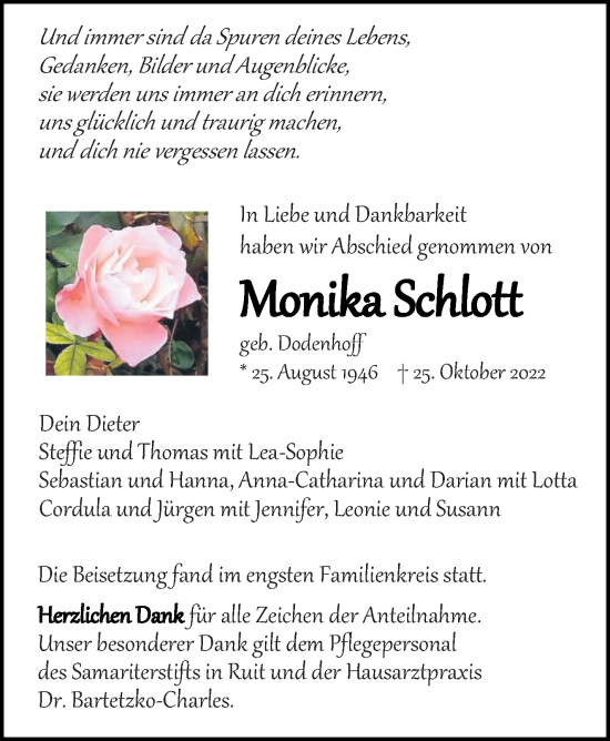 Traueranzeige von Monika Schlott von Eßlinger Zeitung/Cannstatter Zeitung