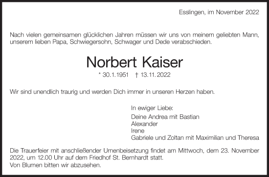 Traueranzeige von Norbert Kaiser von Eßlinger Zeitung/Cannstatter Zeitung
