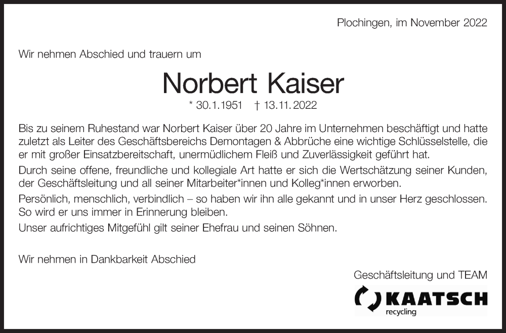  Traueranzeige für Norbert Kaiser vom 18.11.2022 aus Eßlinger Zeitung/Cannstatter Zeitung