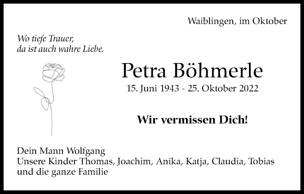  Traueranzeige für Petra Böhmerle vom 12.11.2022 aus Eßlinger Zeitung/Cannstatter Zeitung