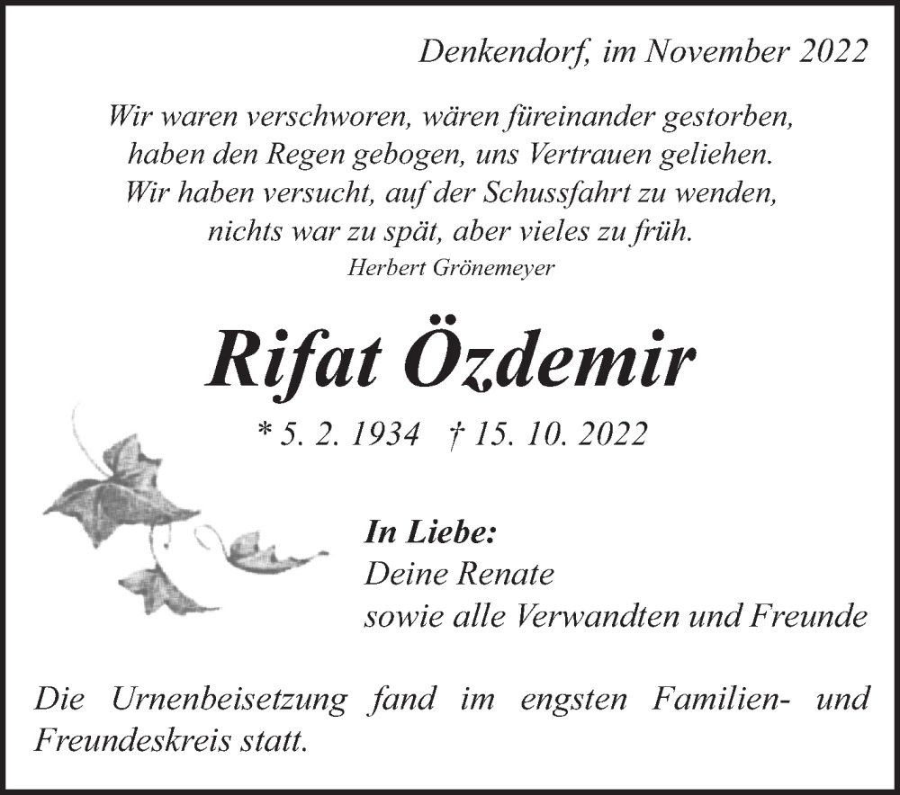  Traueranzeige für Rifat Özdemir vom 03.11.2022 aus Eßlinger Zeitung/Cannstatter Zeitung