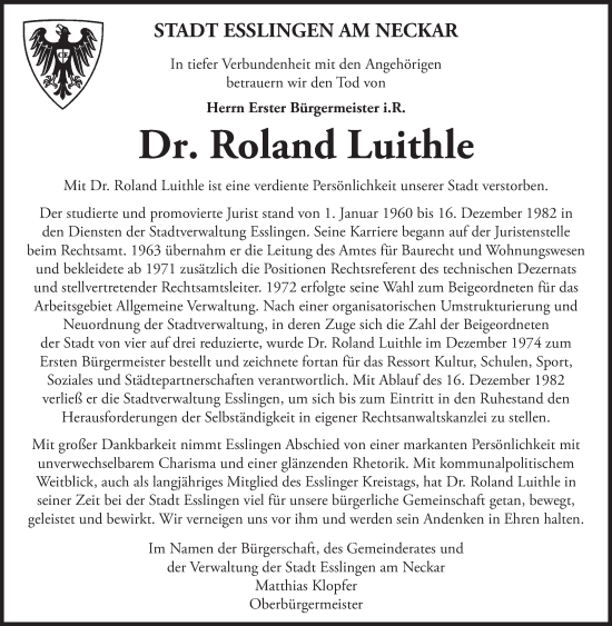 Traueranzeige von Roland Luithle von Eßlinger Zeitung/Cannstatter Zeitung