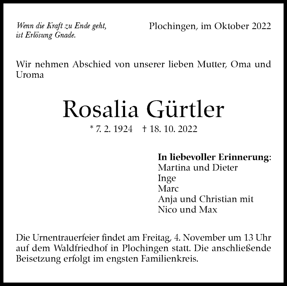  Traueranzeige für Rosalia Gürtler vom 31.10.2022 aus Eßlinger Zeitung/Cannstatter Zeitung