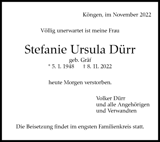Traueranzeige von Stefanie Ursula Dürr von Eßlinger Zeitung/Cannstatter Zeitung