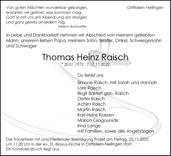 Traueranzeige von Thomas Heinz Raisch von Eßlinger Zeitung/Cannstatter Zeitung