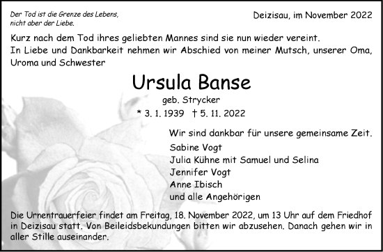 Traueranzeige von Ursula Banse von Eßlinger Zeitung/Cannstatter Zeitung