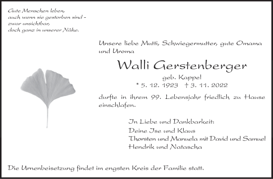 Traueranzeige von Walli Gerstenberger von Eßlinger Zeitung/Cannstatter Zeitung