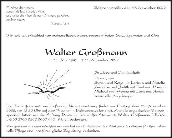 Traueranzeige von Walter Großmann von Eßlinger Zeitung/Cannstatter Zeitung