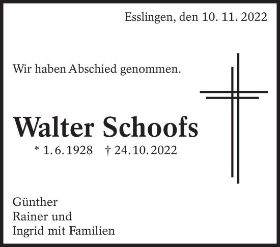 Traueranzeige von Walter Schoofs von Eßlinger Zeitung/Cannstatter Zeitung