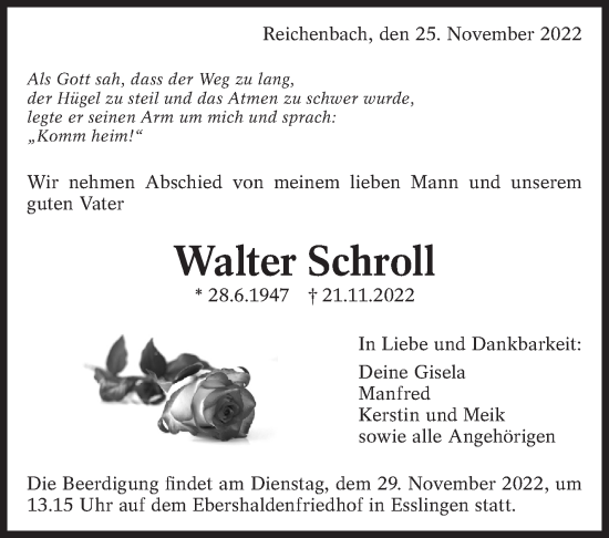 Traueranzeige von Walter Schroll von Eßlinger Zeitung/Cannstatter Zeitung