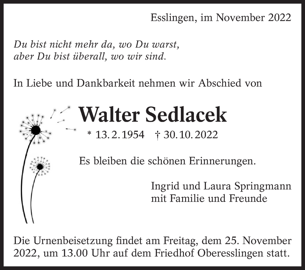  Traueranzeige für Walter Sedlacek vom 19.11.2022 aus Eßlinger Zeitung/Cannstatter Zeitung