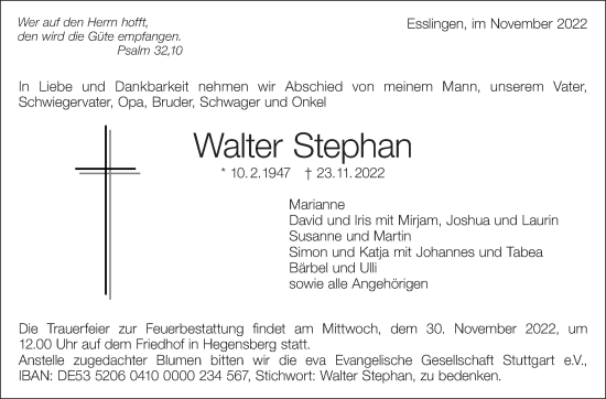 Traueranzeige von Walter Stephan von Eßlinger Zeitung/Cannstatter Zeitung