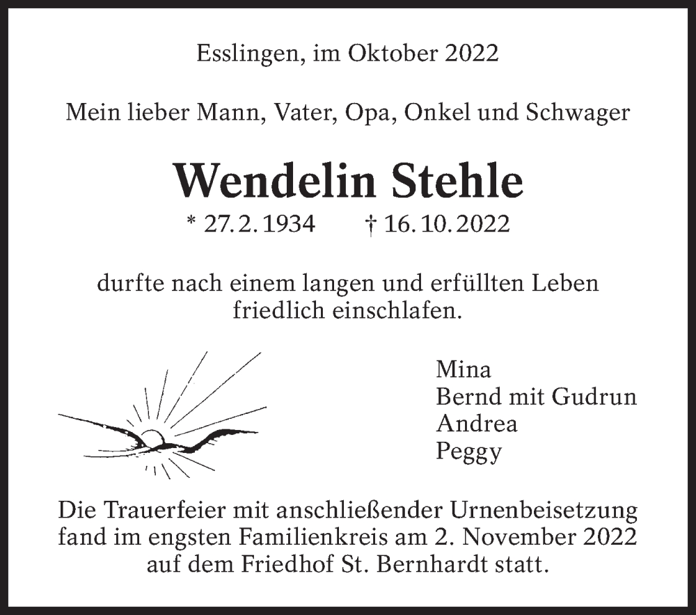  Traueranzeige für Wendelin Stehle vom 04.11.2022 aus Eßlinger Zeitung/Cannstatter Zeitung